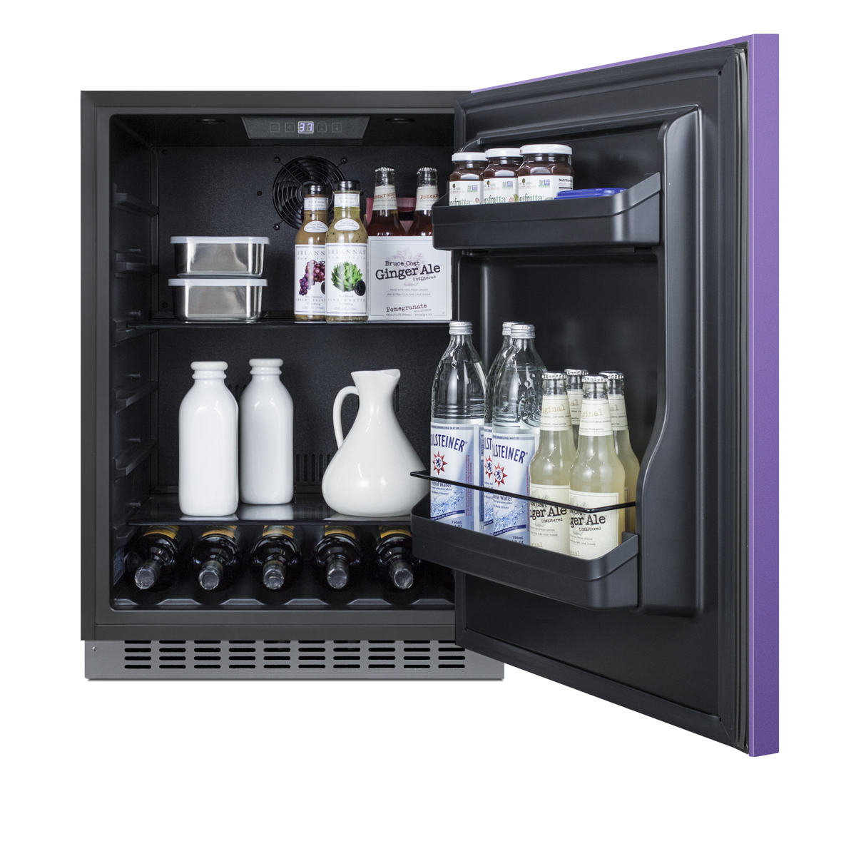 24 in. wide built-in undercounter ADA compliant all-refrigerator with lavender purpose door, stainless steel handle and kickplate, and black cabinet